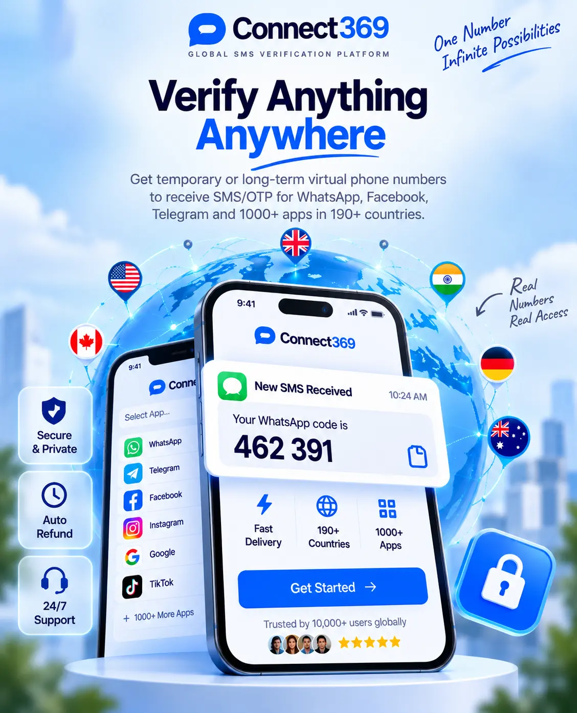 Connect369 — verify anything, anywhere. Globe with virtual numbers receiving SMS/OTP codes for WhatsApp, Telegram, Facebook and more.